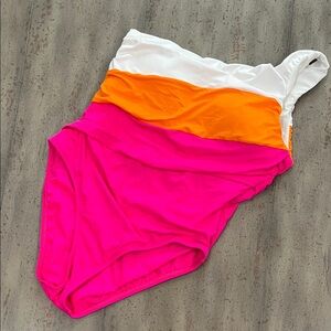 La Blanca Hot Pink, Orange & White Colorblock One-Piece one shoulder!